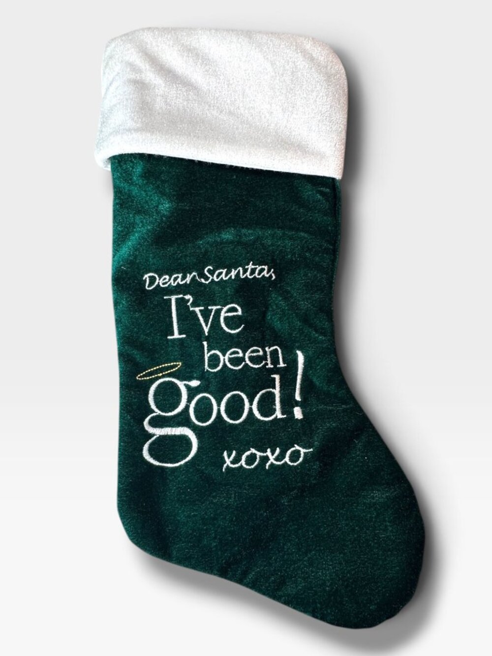 Dear Santa Green Velvet Christmas Stocking With Embroidered Lettering & White Cu